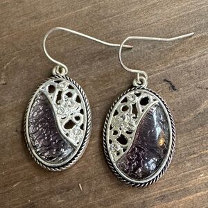 Sterling Silver Style Purple Glass Oval Drop Earrings